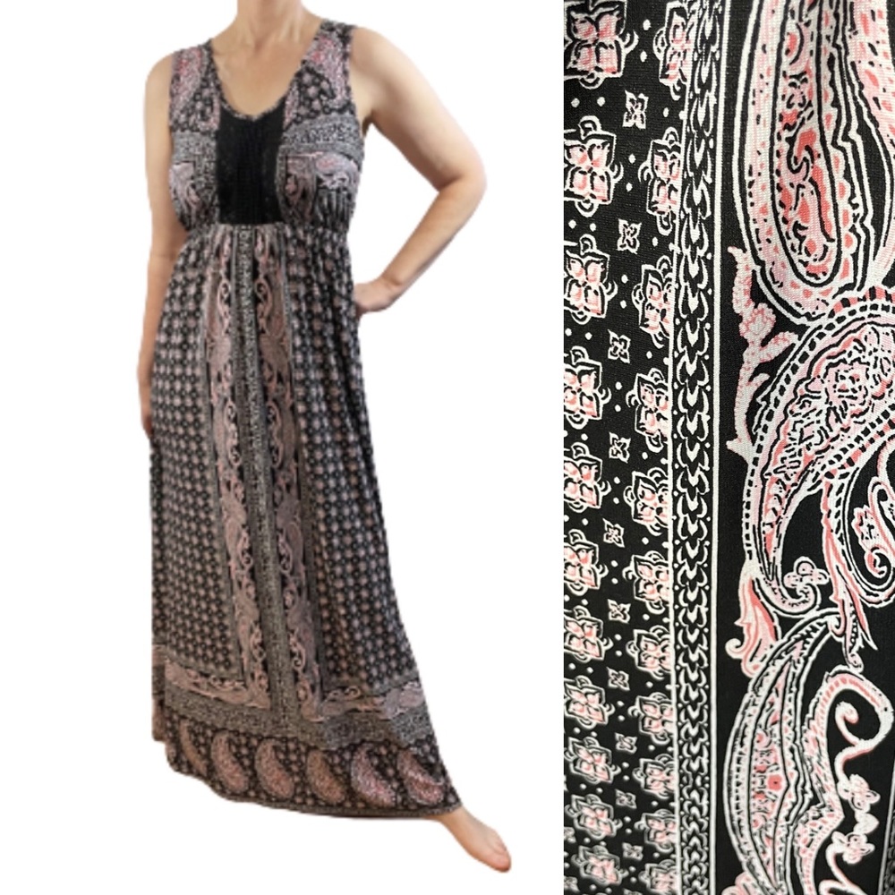Style & Co Crocheted Front Paisley Fields Maxi Dress Black Pink Floor Length